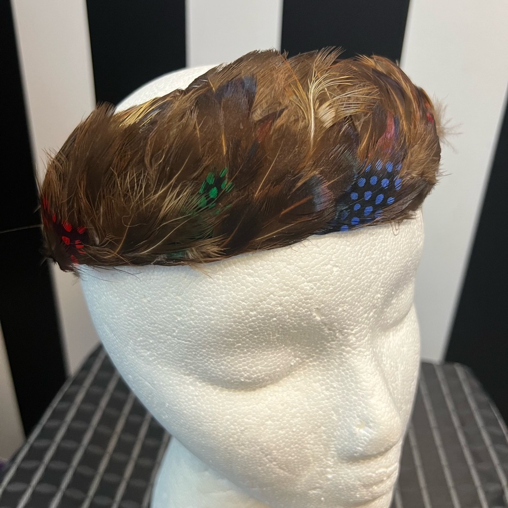 Rare Vintage Feathered Headband Fascinator w/ Red, Blue & Green Accents with Box